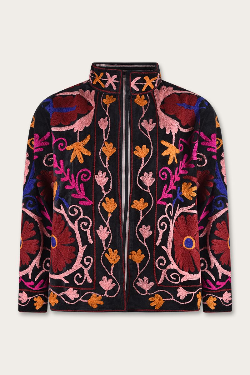 Bestickte Jacke – Schwarz mit rosa floraler Suzani-Stickerei