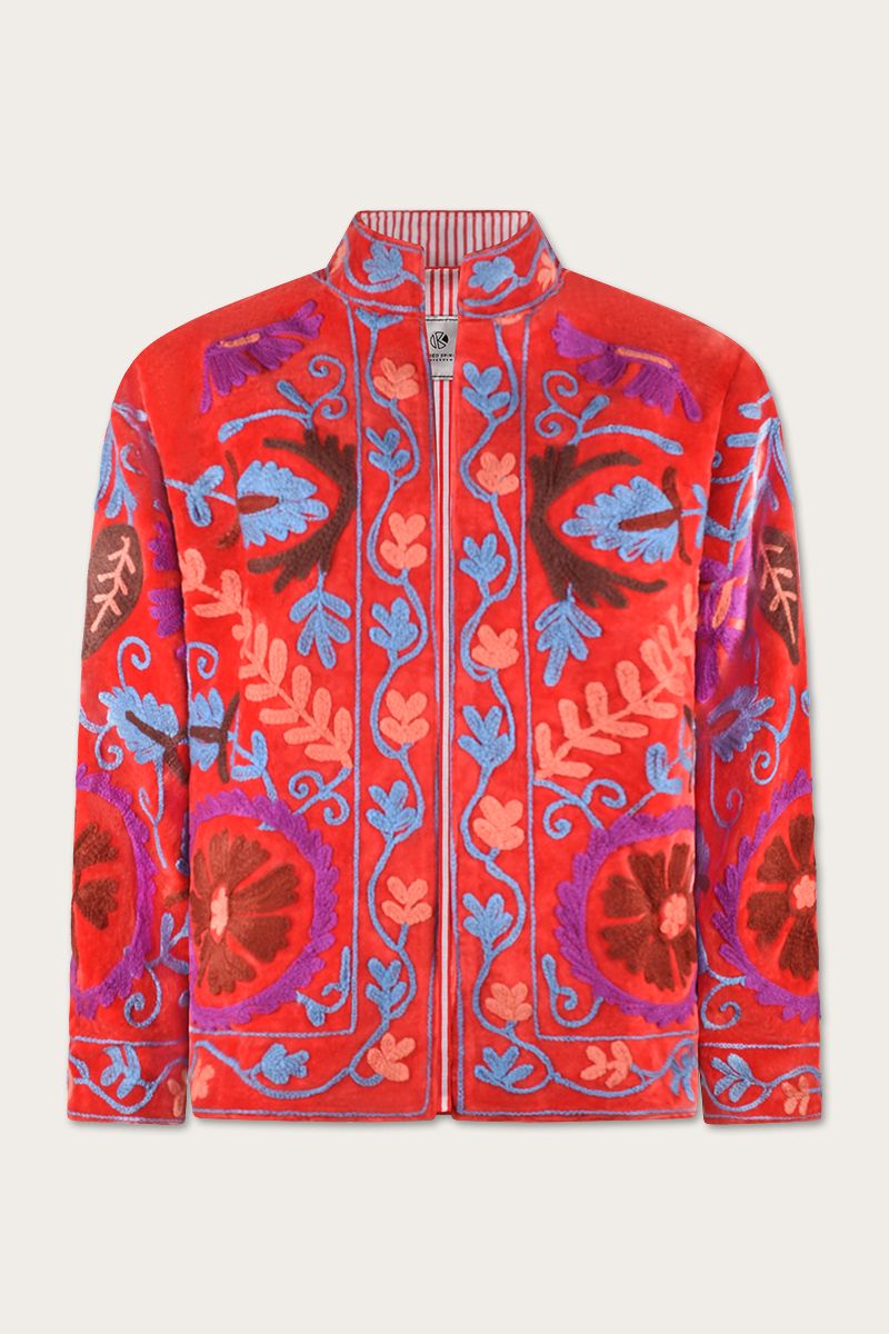 Bestickte Jacke – Rot mit floraler Suzani-Stickerei