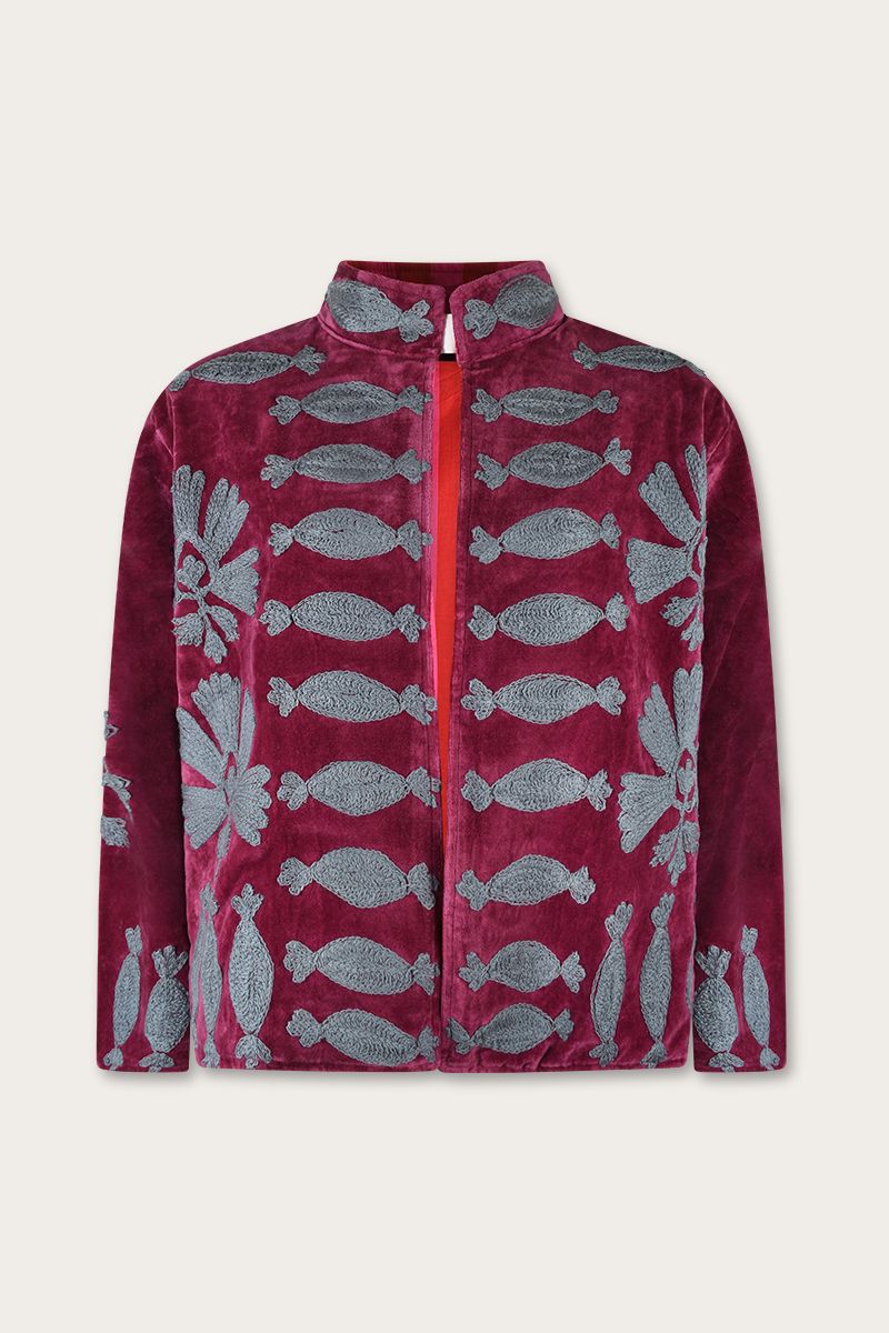 Bestickte Jacke – Lila mit blauer floraler Suzani-Stickerei