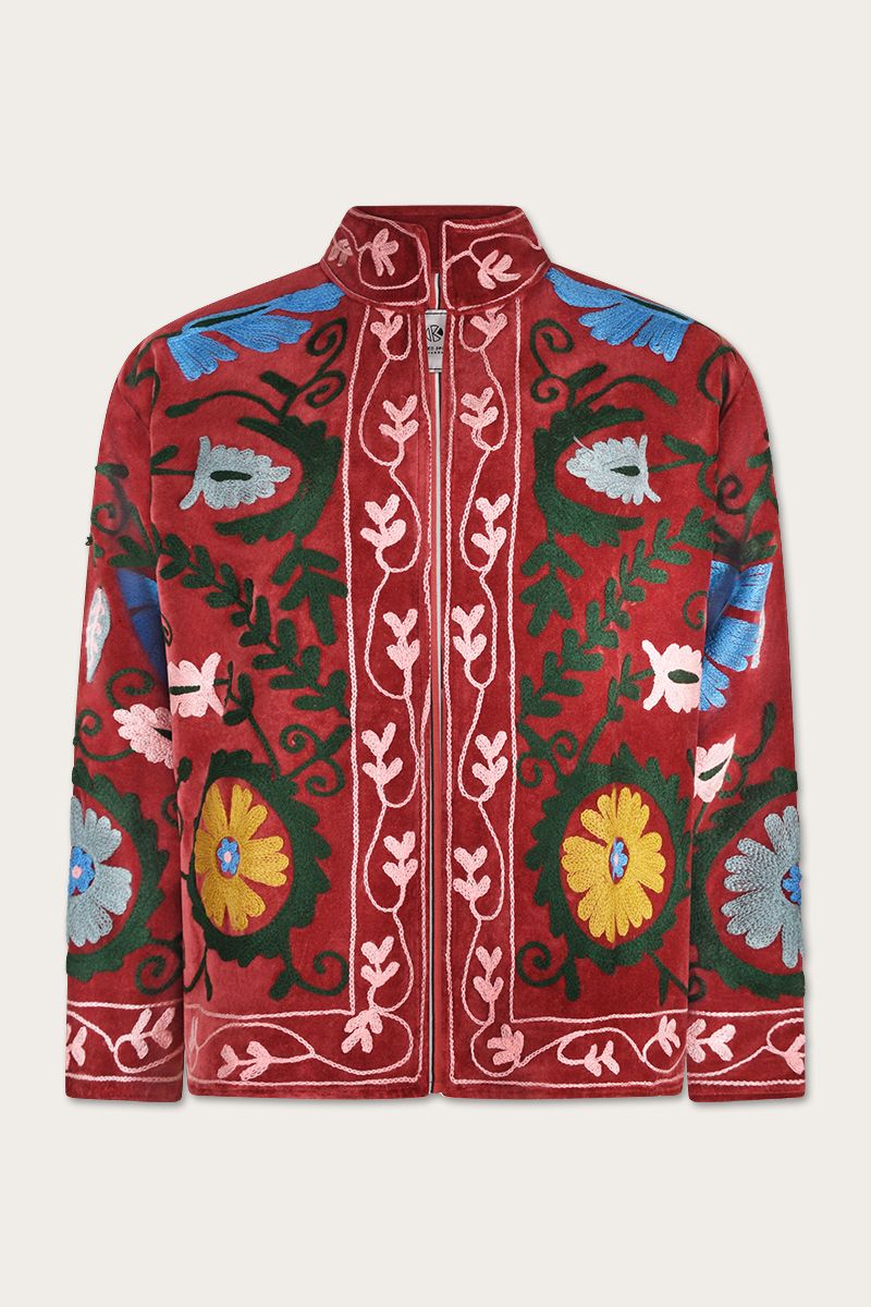 Bestickte Jacke – Weinrot mit floraler Suzani-Stickerei