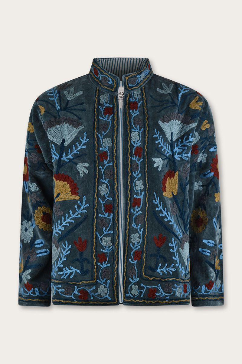 Bestickte Samtjacke – Petrol mit multicolor Blumenstickerei