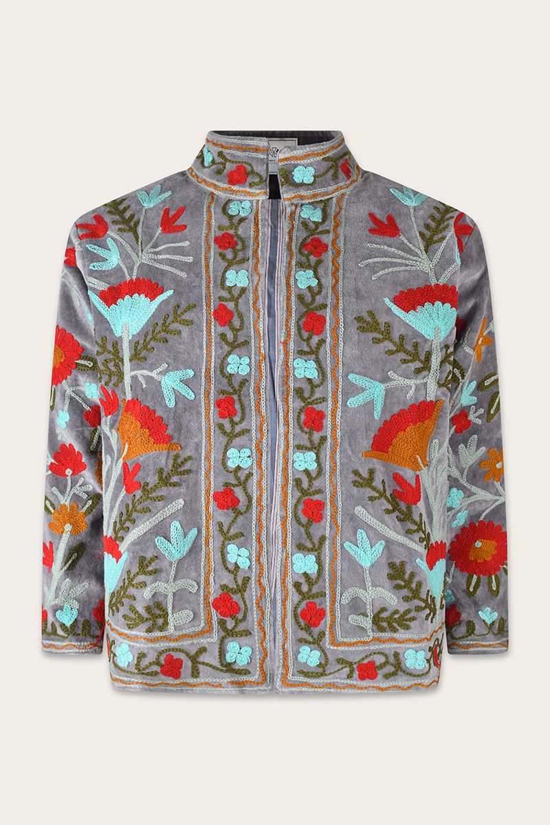 Bestickte Jacke – Grau mit türkisfarbener floraler Suzani-Stickerei