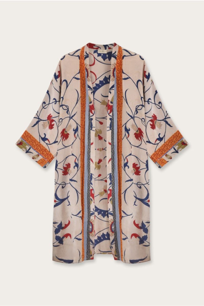 Langer Seiden Sari Kimono – Mehrfarbiges Blumenmuster
