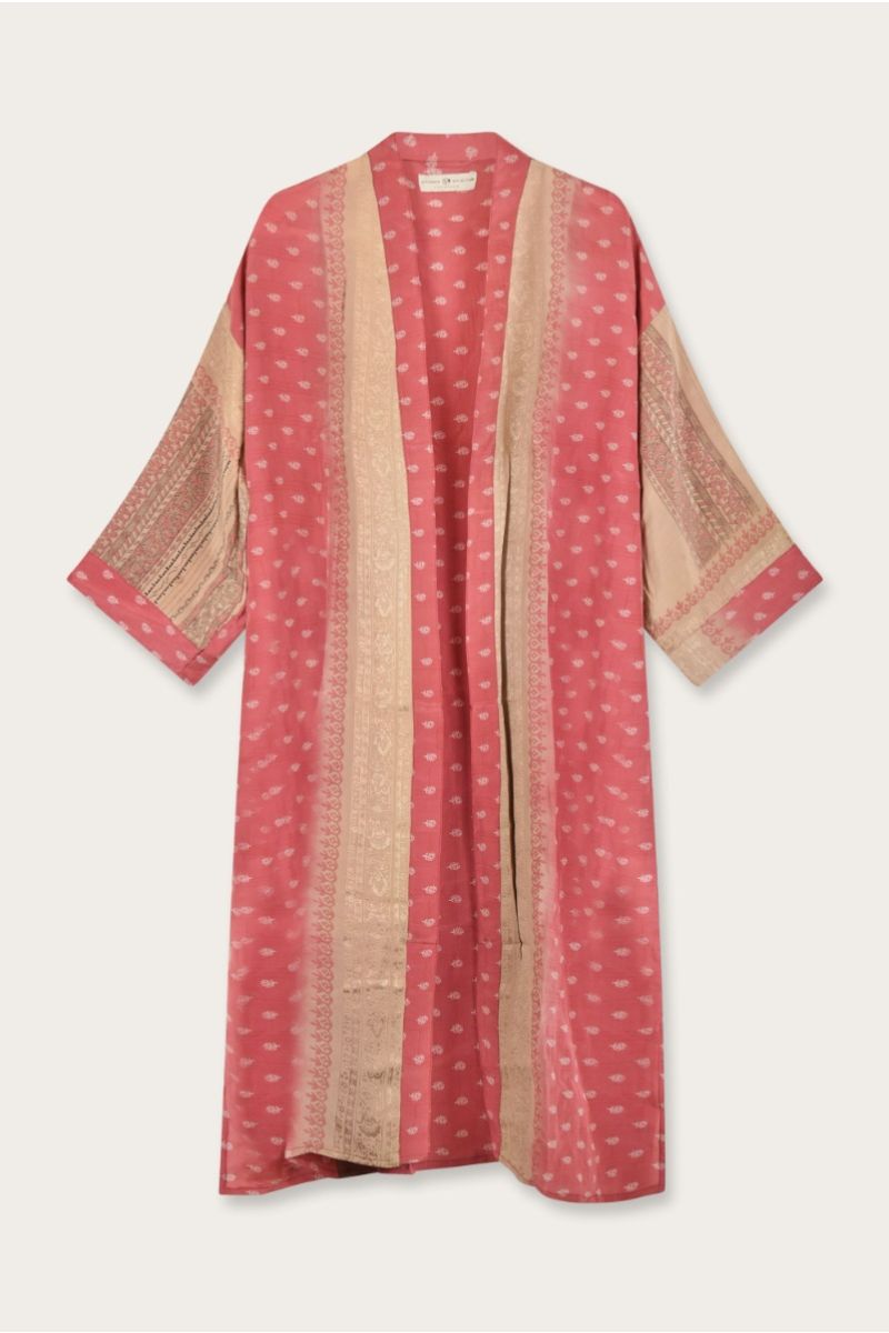 Langer Seiden Sari Kimono – Mehrfarbiges Blumenmuster