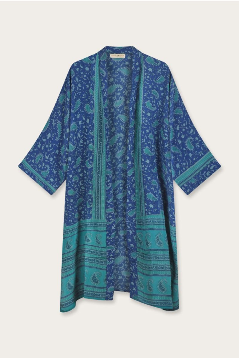 Langer Seiden Sari Kimono – Mehrfarbiges Blumenmuster