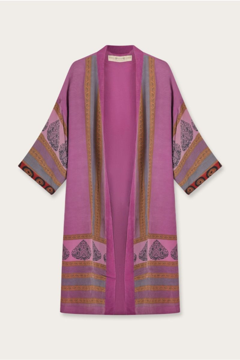 Langer Seiden Sari Kimono – Mehrfarbiges Blumenmuster