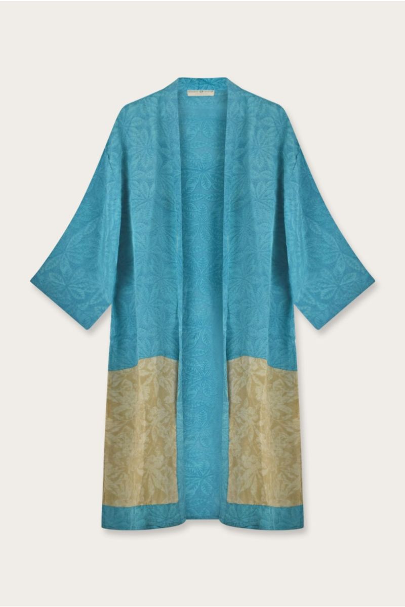 Langer Seiden Sari Kimono – Mehrfarbiges Blumenmuster