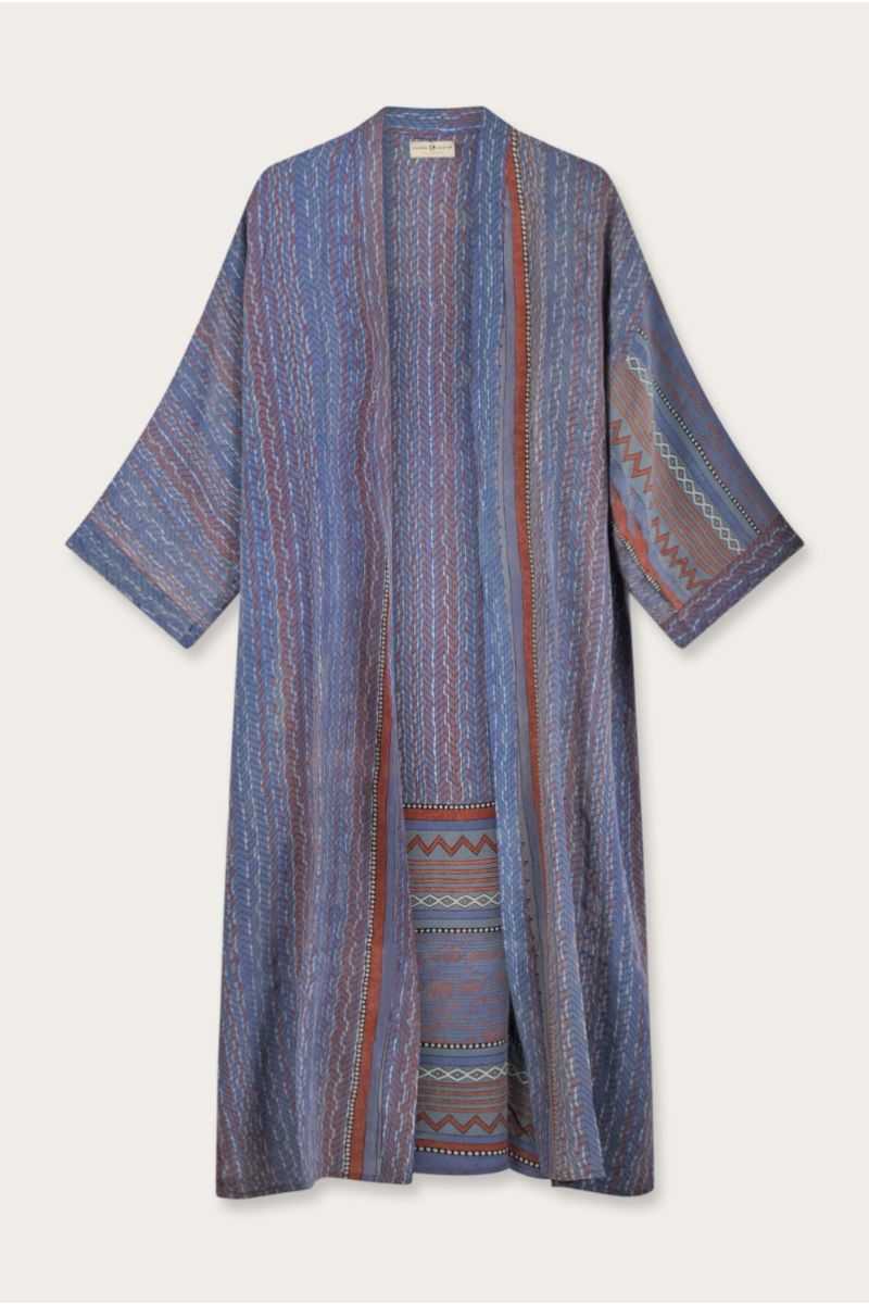 Langer Seiden Sari Kimono – Mehrfarbiges Blumenmuster