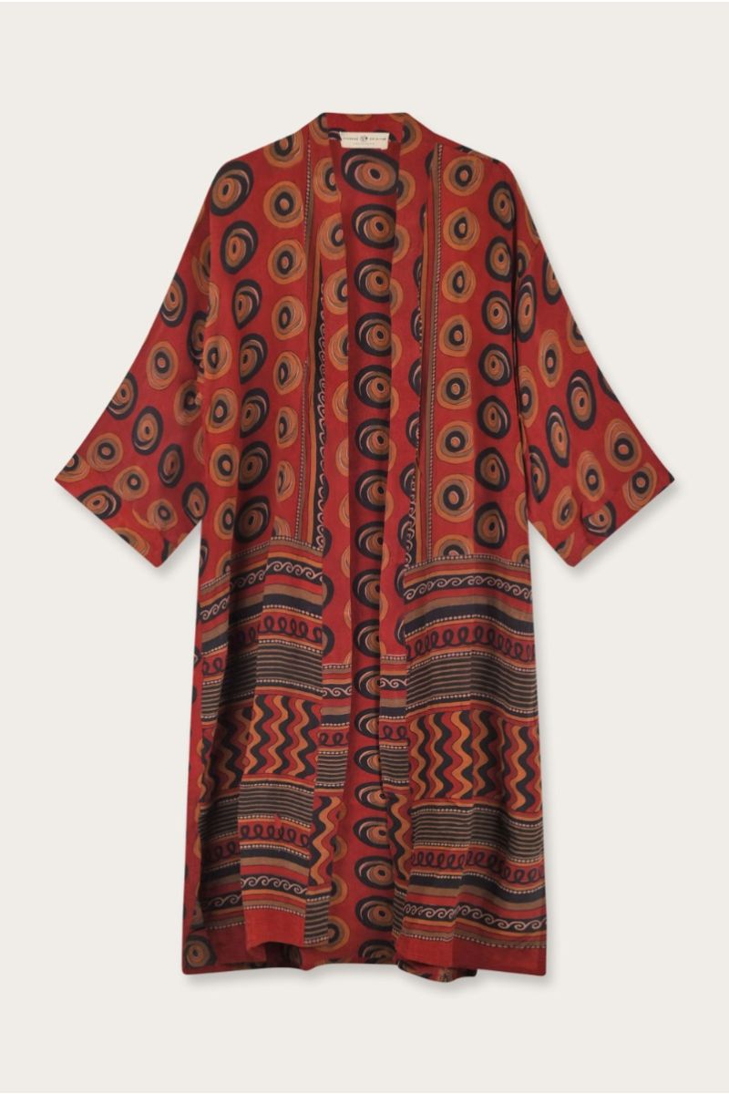 Langer Seiden Sari Kimono – Mehrfarbiges Blumenmuster