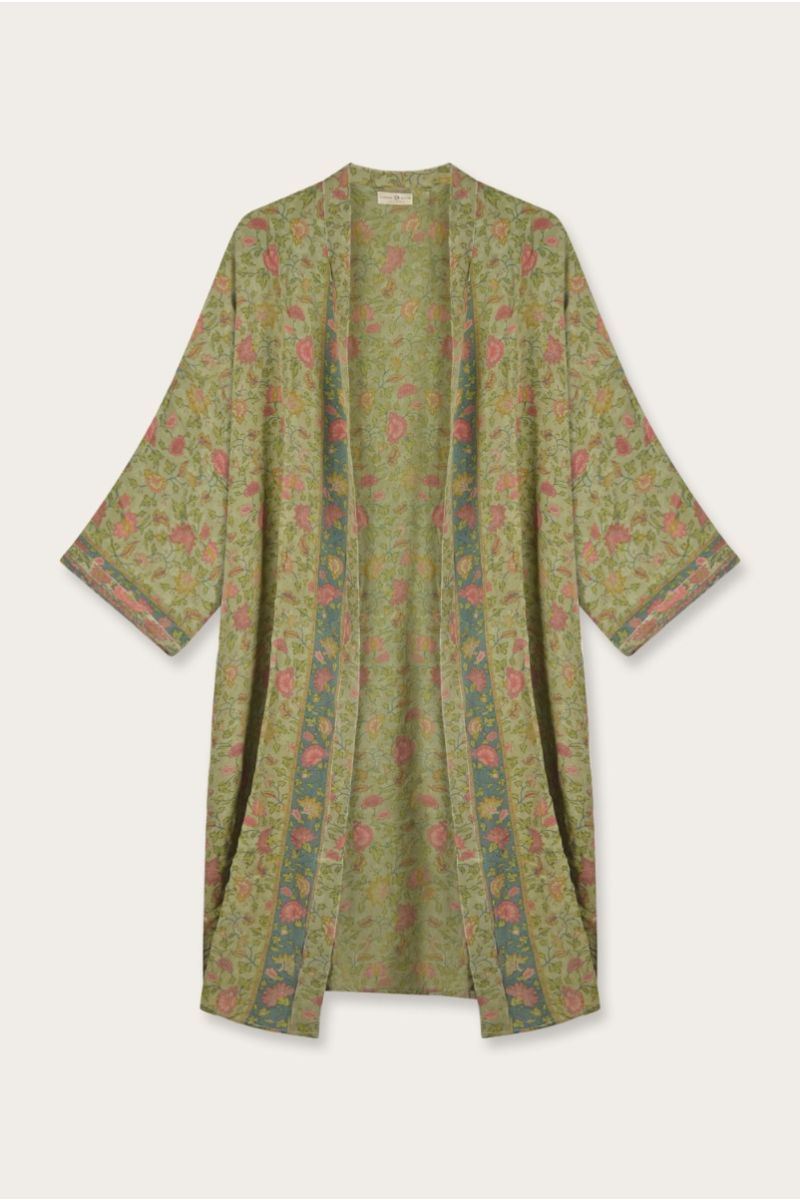Langer Seiden Sari Kimono – Mehrfarbiges Blumenmuster