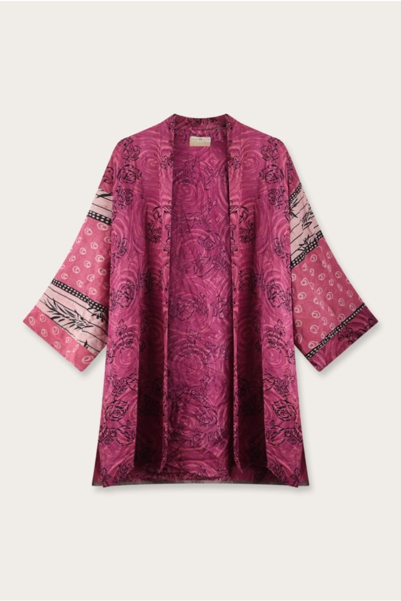 Kurzer Seiden Sari Kimono – Mehrfarbiges Blumenmuster