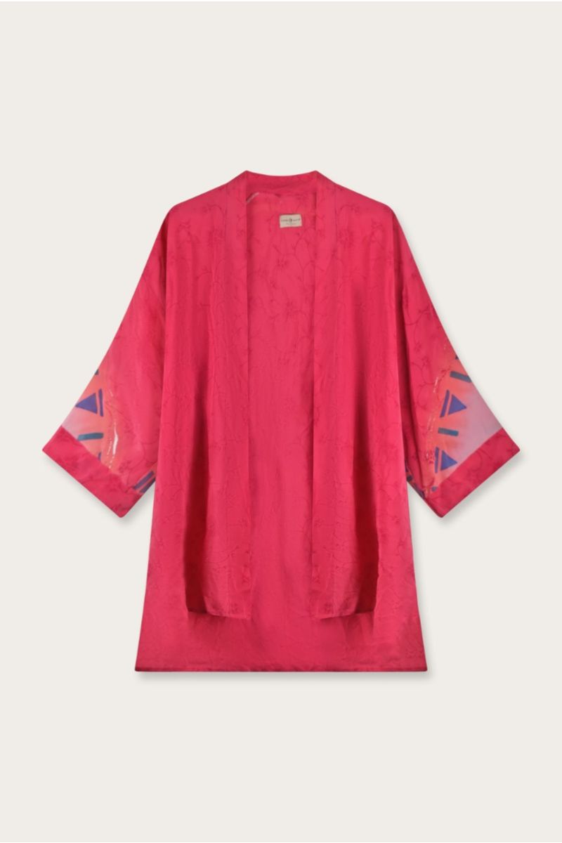 Kurzer Seiden Sari Kimono – Mehrfarbiges Blumenmuster