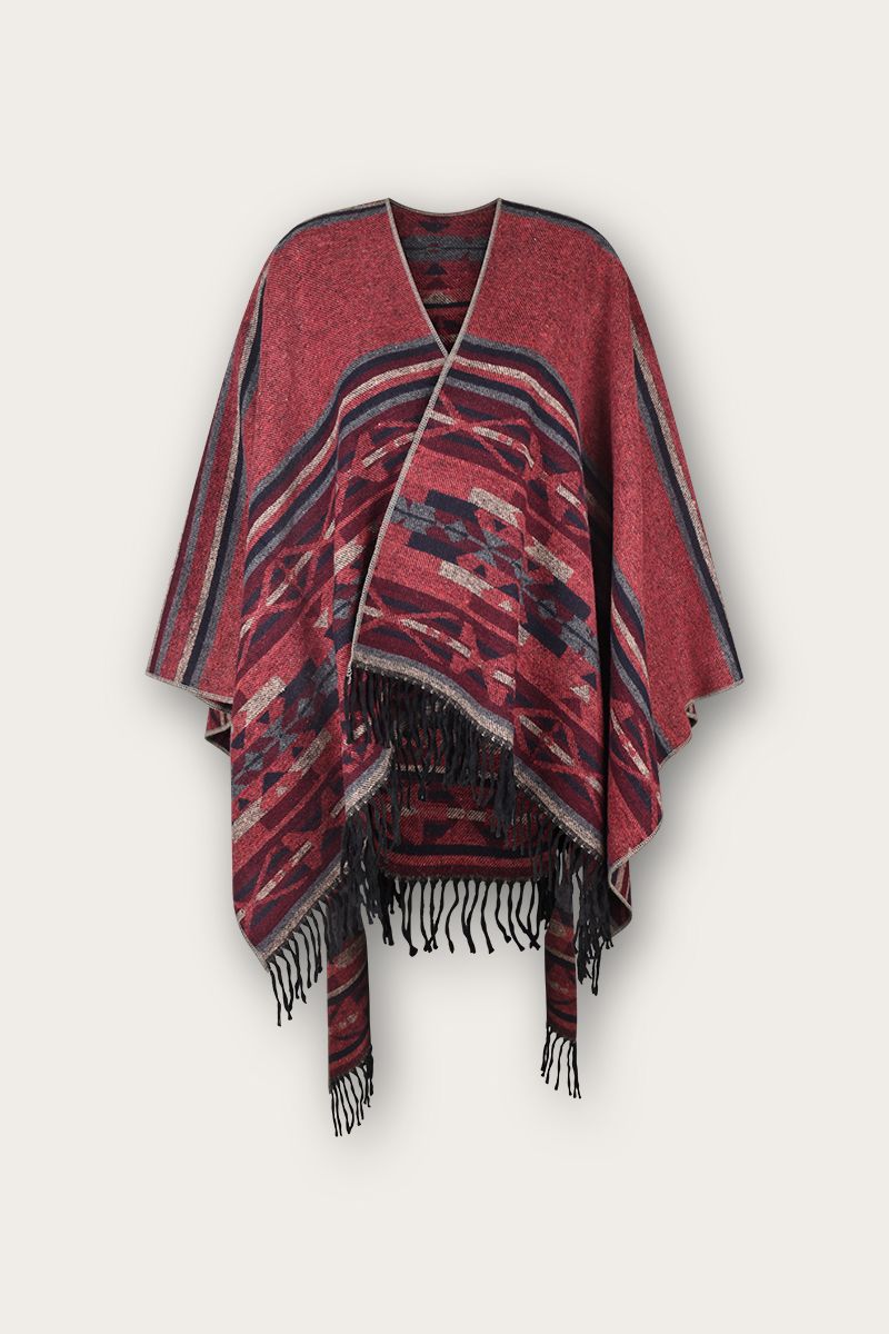 Wendeponcho – Rot und Sand mit ethnischem Muster