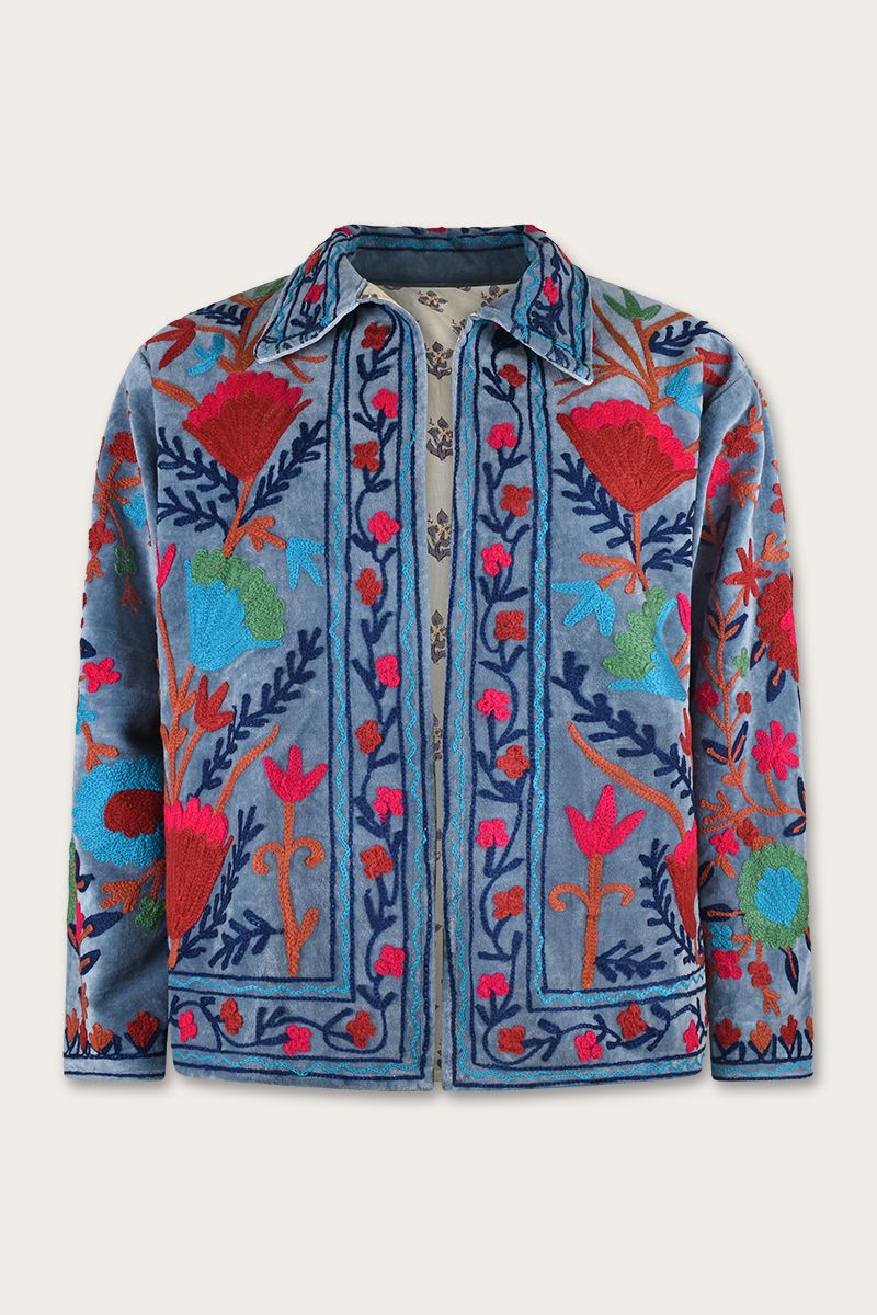 Embroidery jacket – Light blue with floral Suzani embroidery