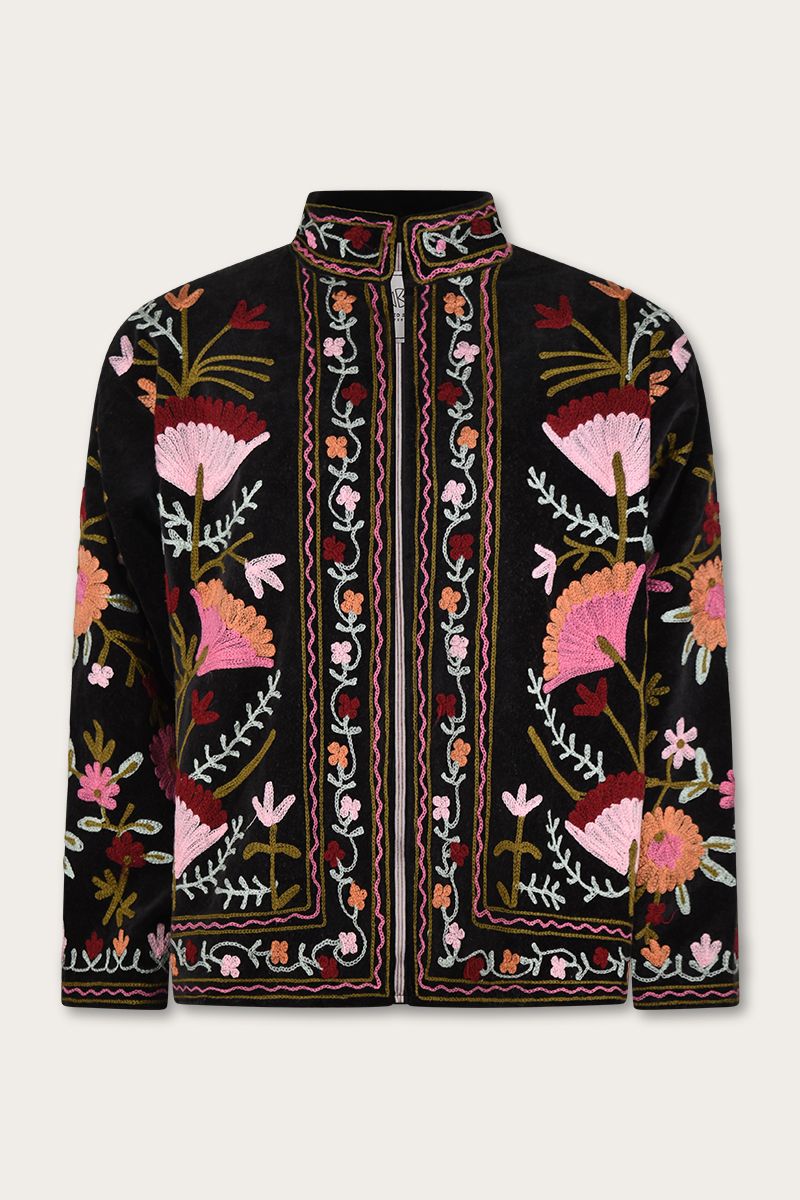 Embroidered velvet jacket – Black with pink flower embroidery