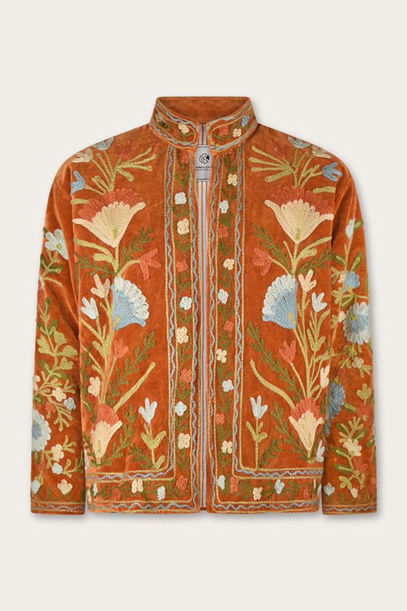 Suzani Jacket – Soft amber with pastel floral embroidery