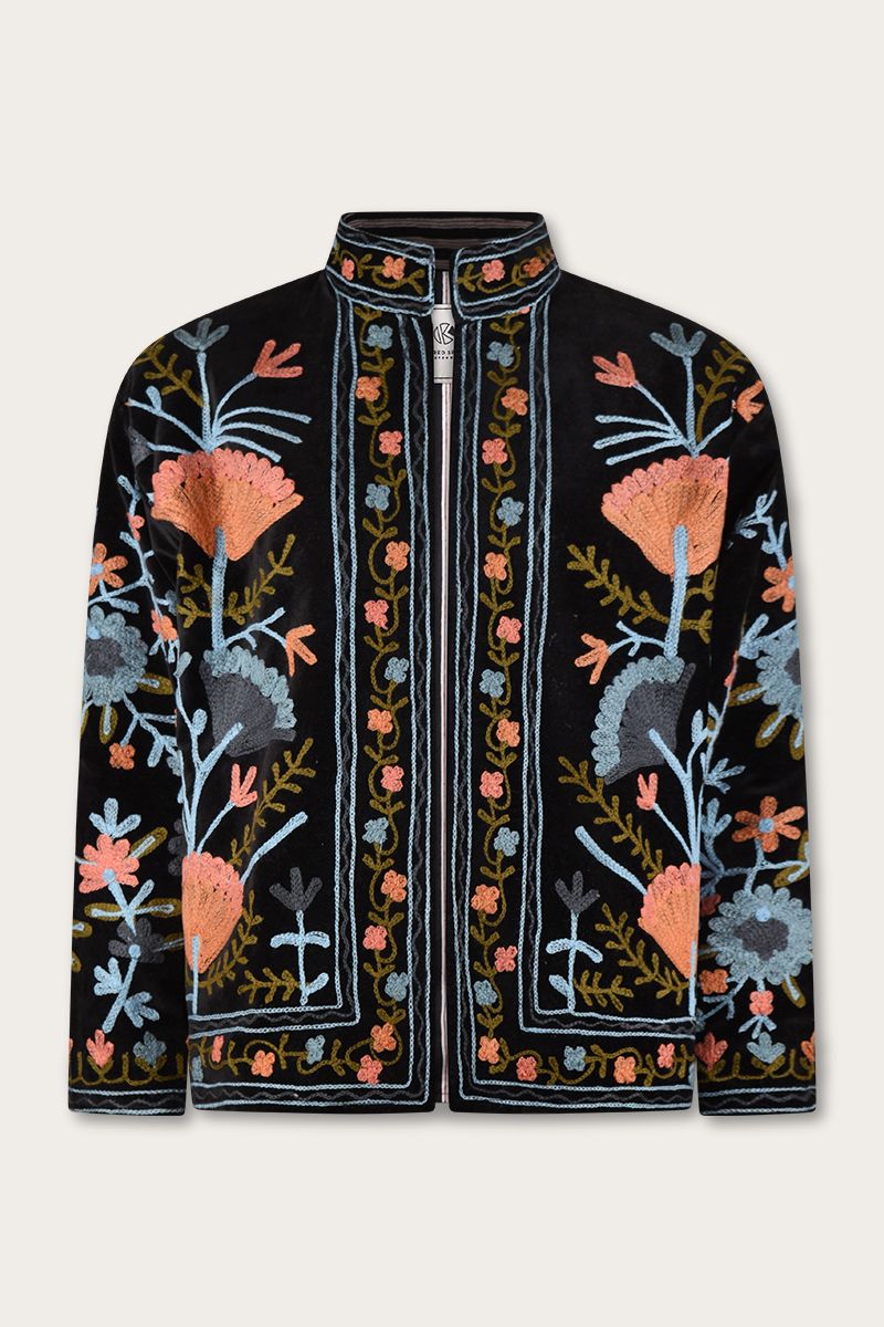Embroidered velvet jacket – Black with blue flower embroidery