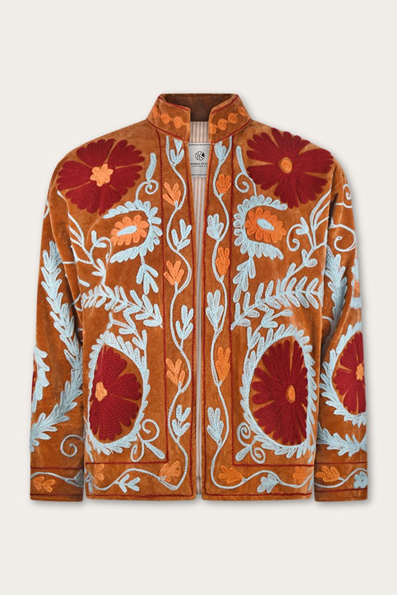 Suzani Jacket – Brown-amber with red floral embroidery