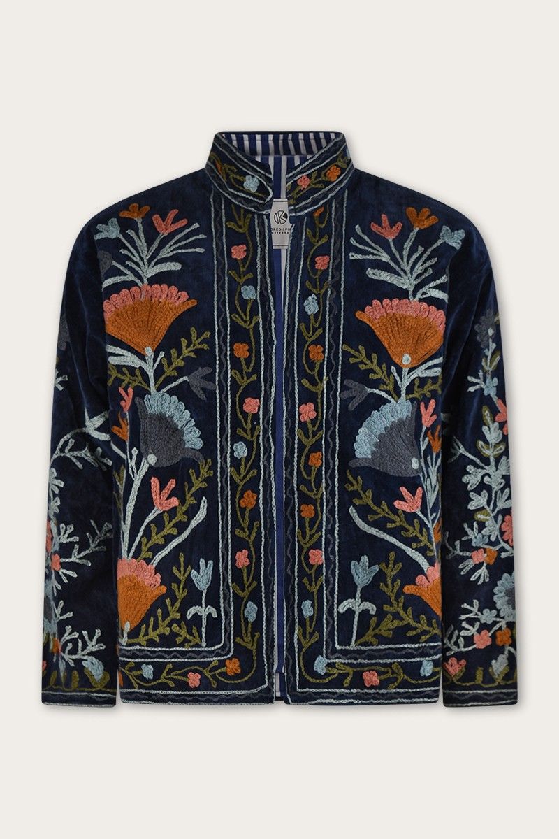 Embroidered velvet jacket – Ocean blue with multicolor Suzani embroidery