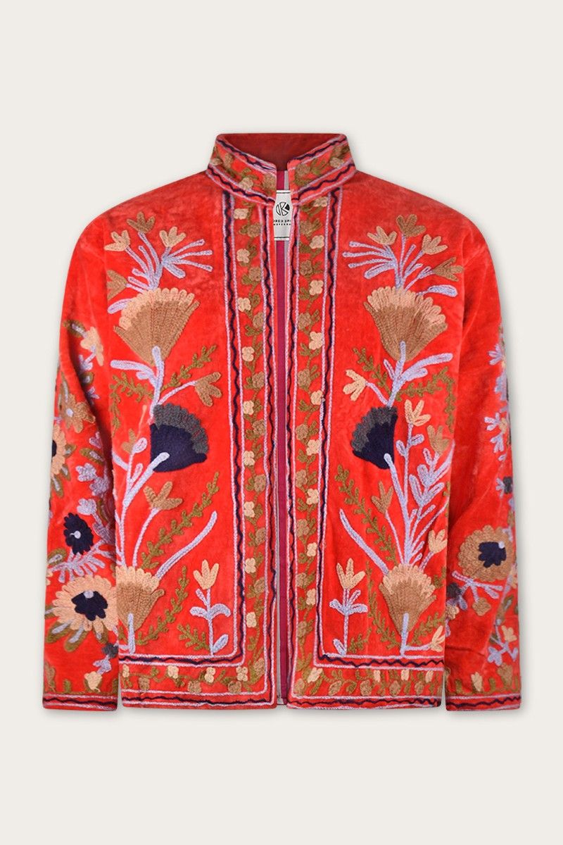 Embroidered velvet jacket – Red with multicolor Suzani embroidery