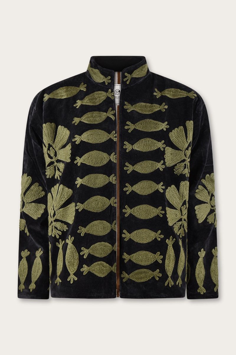 Embroidered velvet jacket – Black with green Suzani embroidery