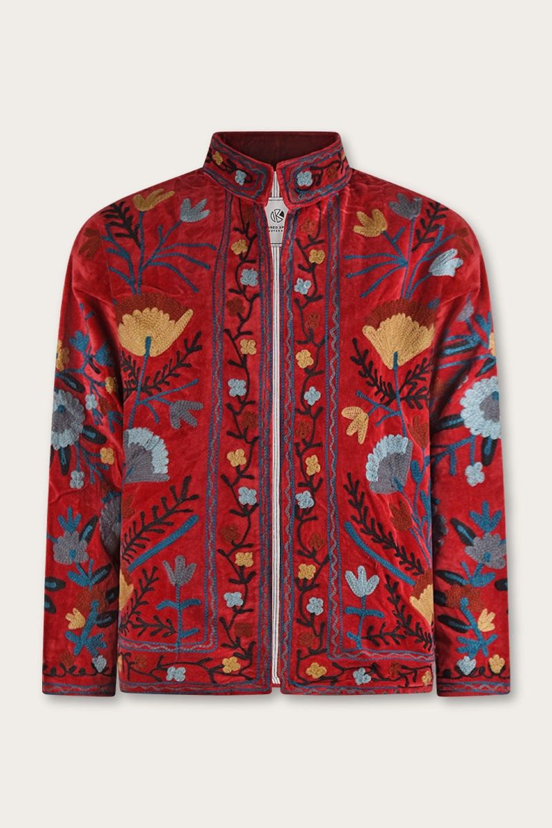 Embroidered velvet jacket – Red with colourful Suzani embroidery