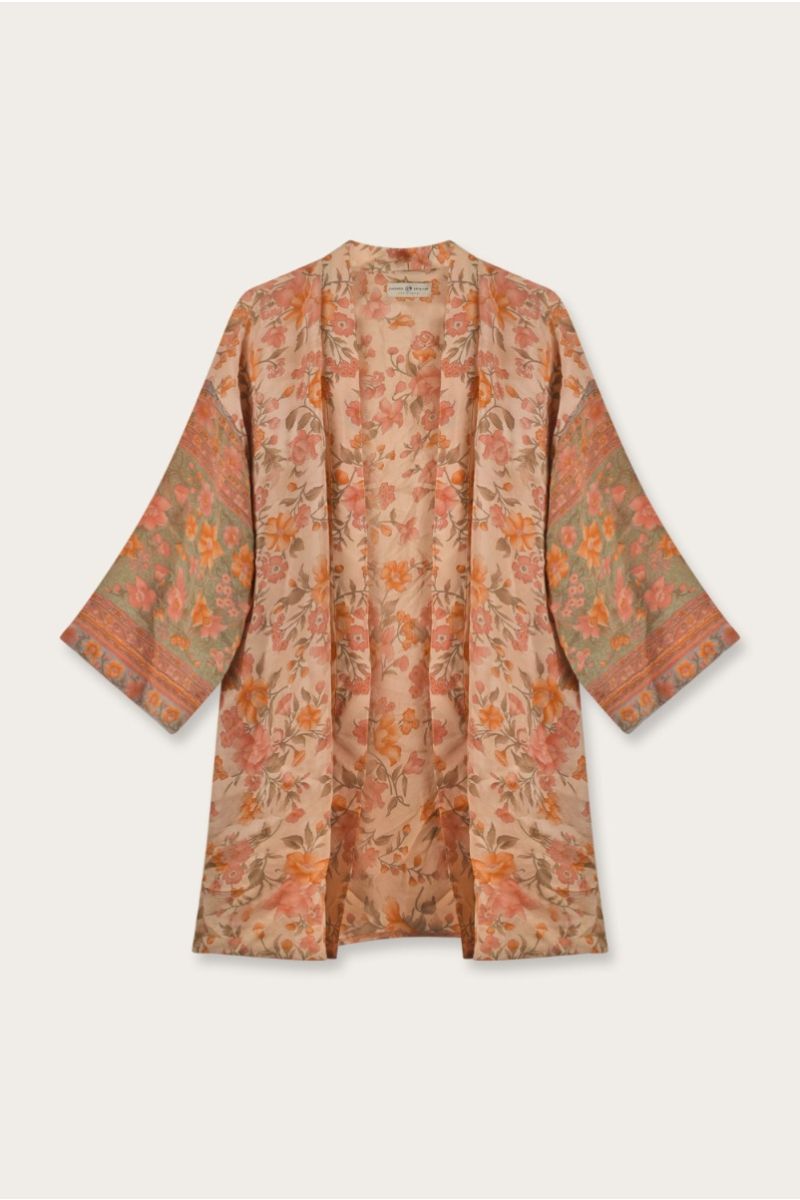 Korte Zijden Sari Kimono – Meer­kleurige Bloemenprint