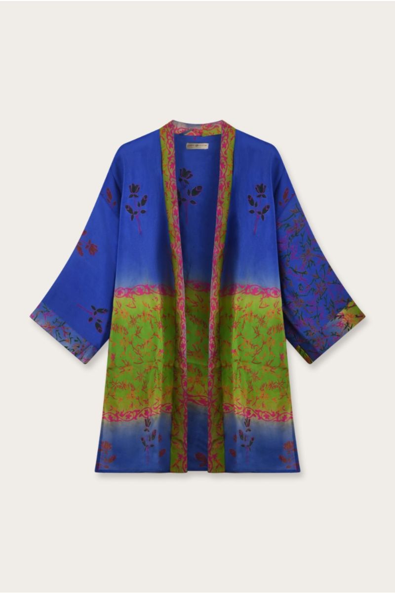 Korte Zijden Sari Kimono – Meer­kleurige Bloemenprint