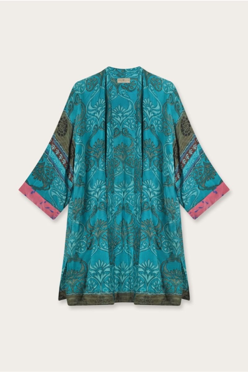 Korte Zijden Sari Kimono – Meer­kleurige Bloemenprint