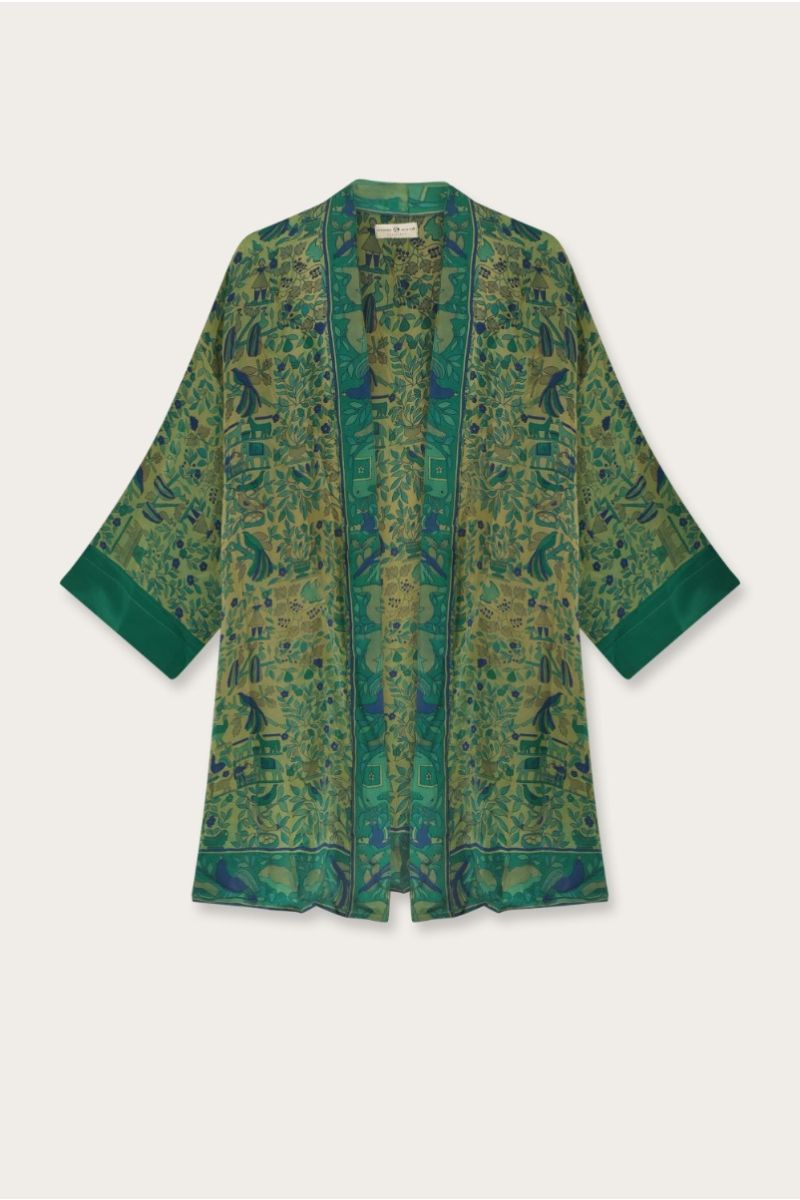 Korte Zijden Sari Kimono – Meer­kleurige Bloemenprint