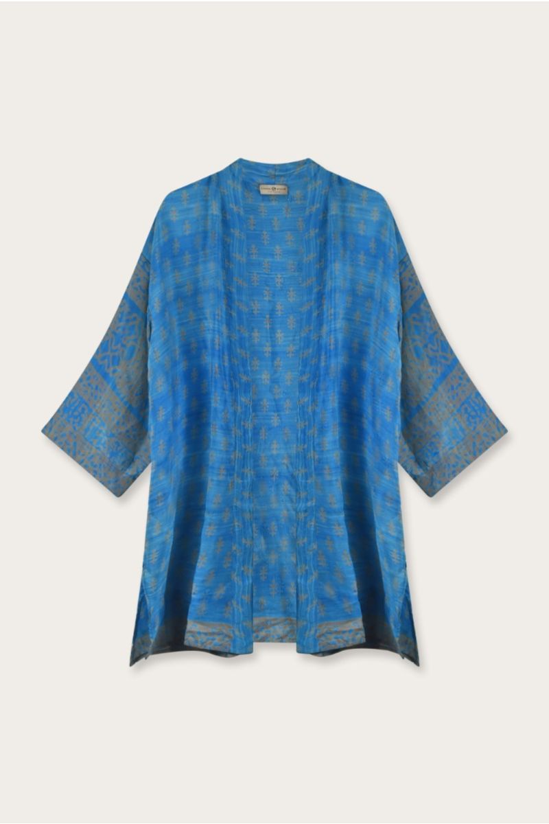 Korte Zijden Sari Kimono – Meer­kleurige Bloemenprint