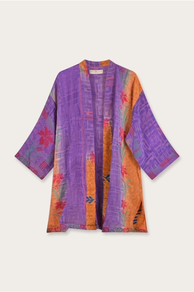 Korte Zijden Sari Kimono – Meer­kleurige Bloemenprint