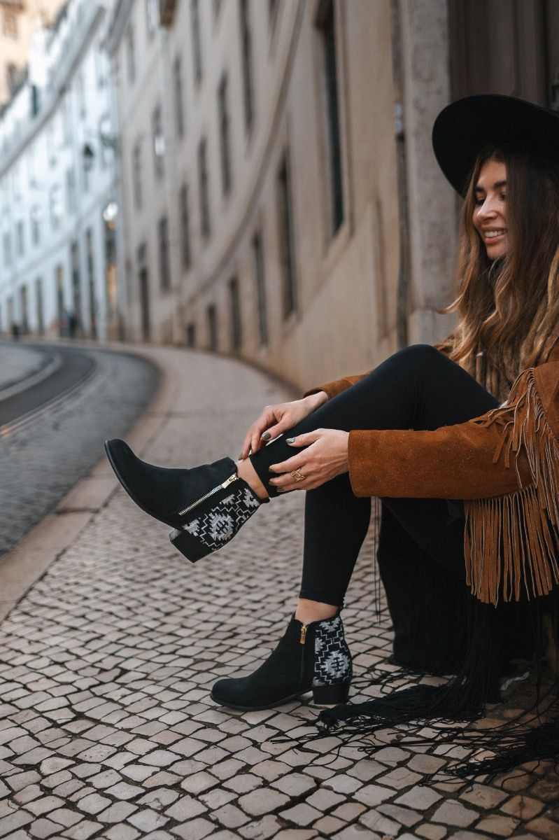 Black fringe ankle boots sales