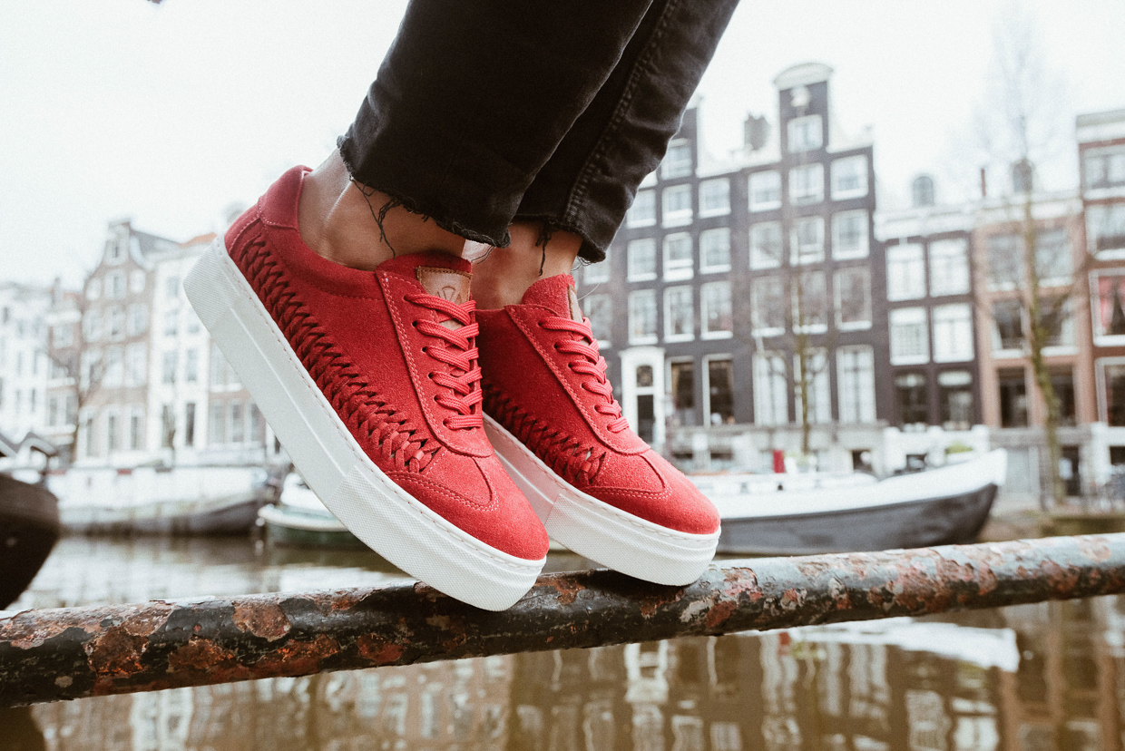 Red suede sneakers, summer footwear