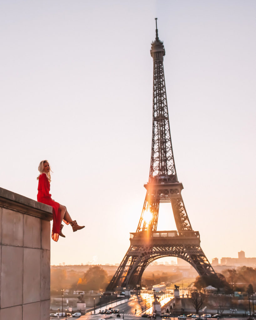 Girl admires Eiffel Tower in her vintage kilim rug boots